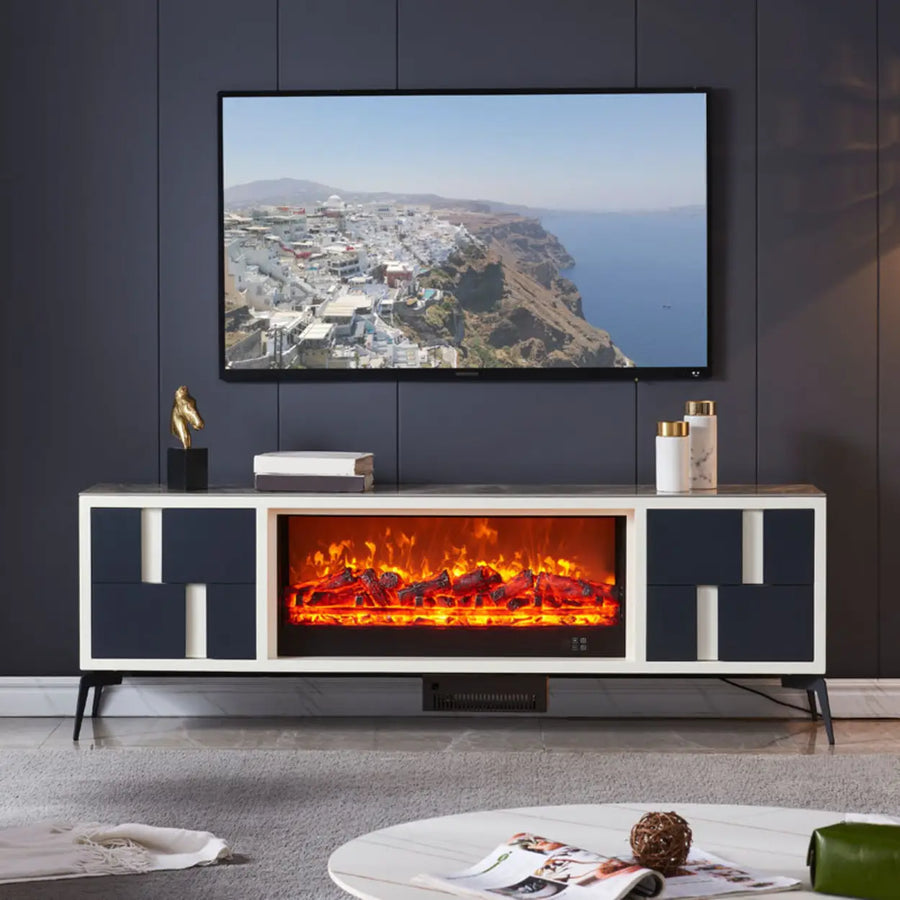 Modern Stone TV Stand with Built-In Fireplace Lighting