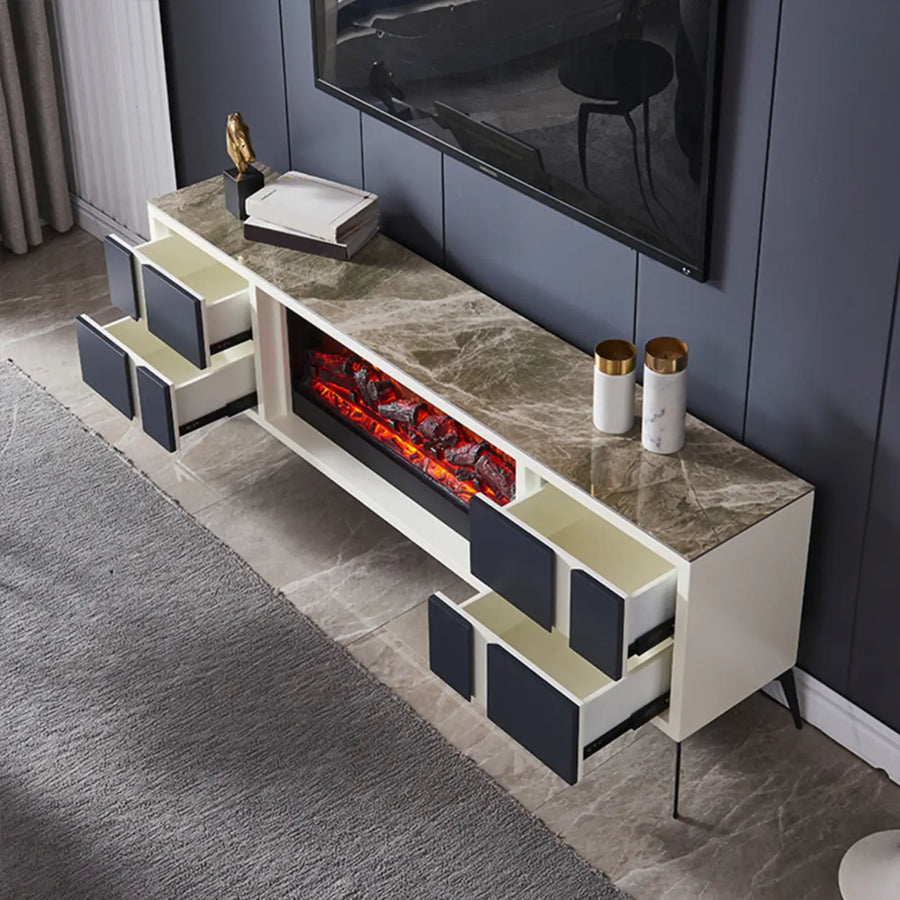 Modern Stone TV Stand with Built-In Fireplace Lighting