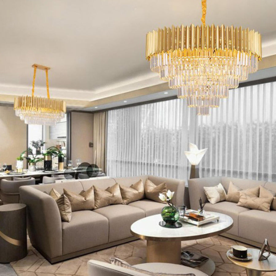 Modern Tiered Gold Crystal Chandelier Adjustable Height