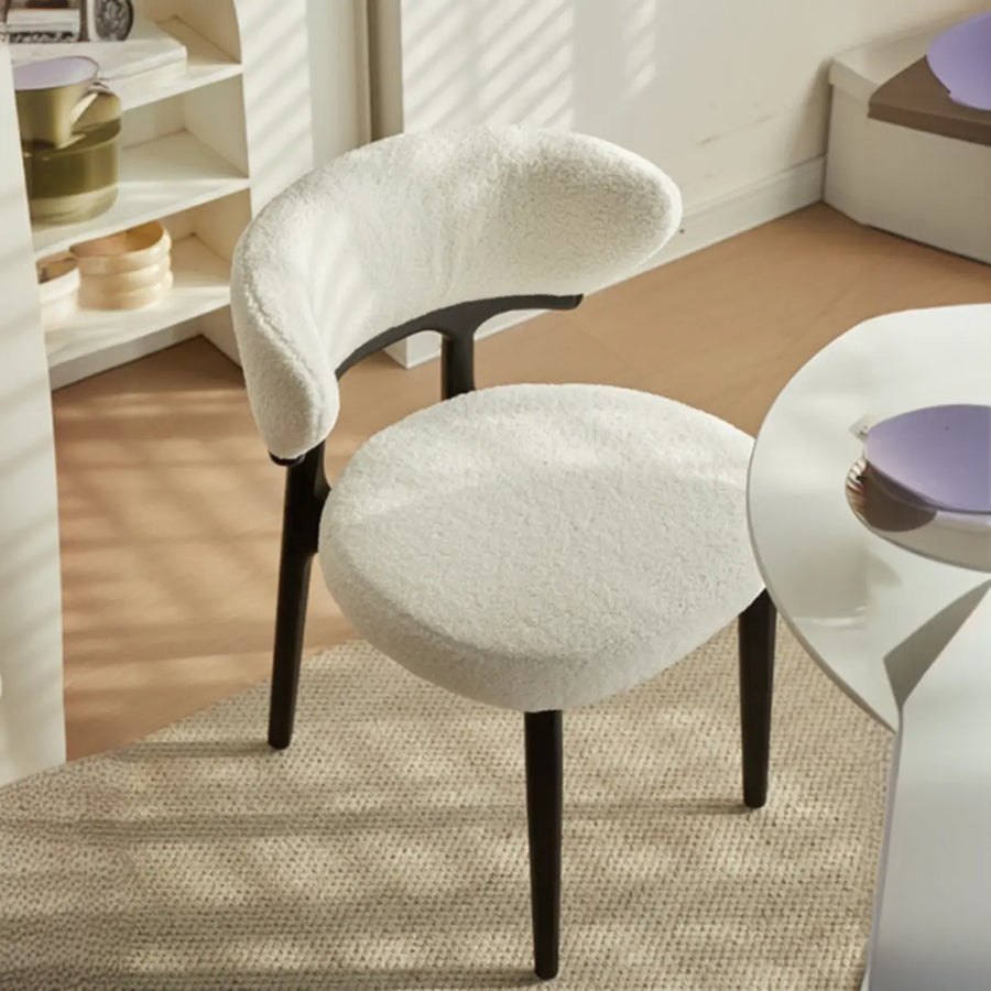 Modern White Sherpa Upholstered Dining Chair with Curved Back