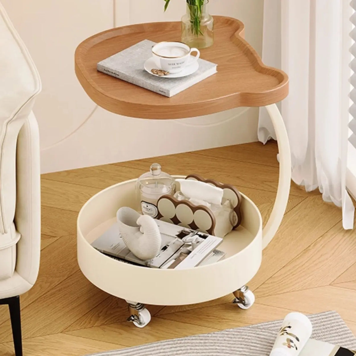 Modern Wood Bear Shape Tray Top Rolling Side Table with Storage