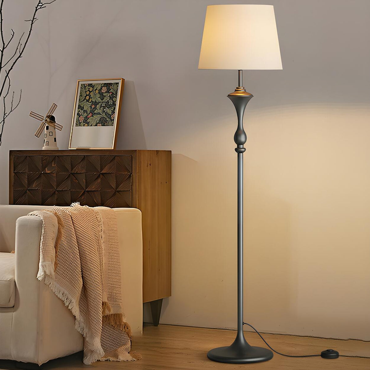 Modish Fabric Cylinder Floor Lamp with Side Table