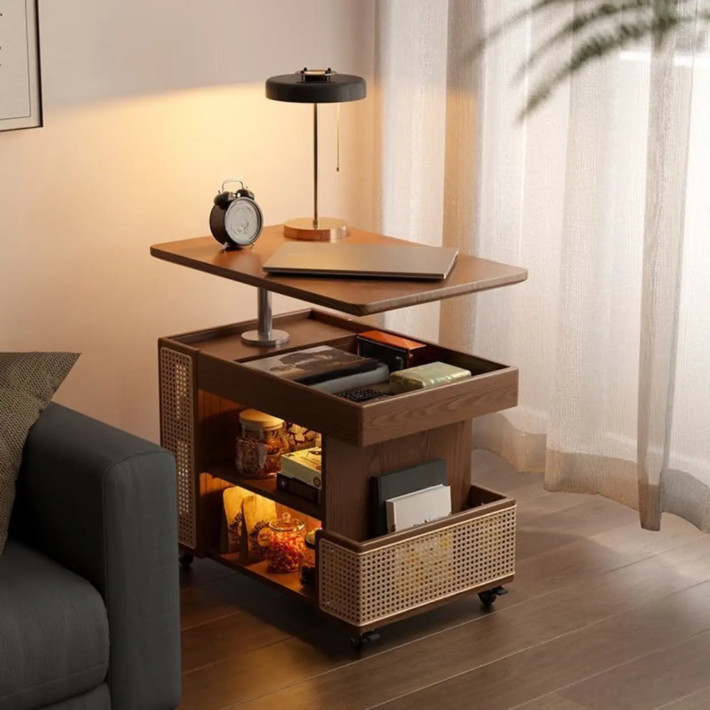Multi-Function Wood Swivel Side Table with Storage and Wheels