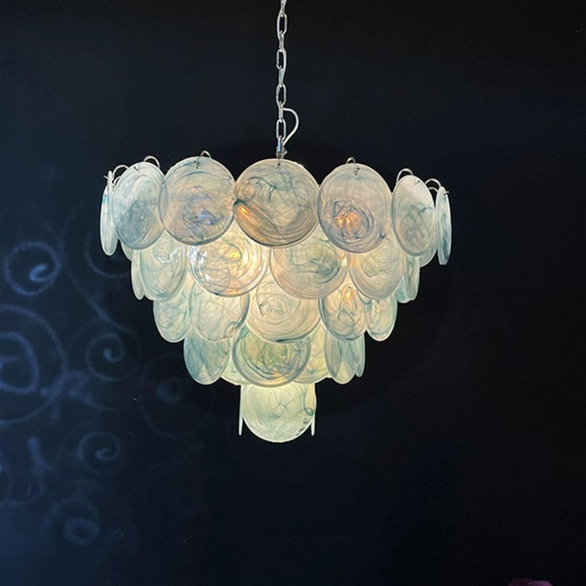 Multi-Tier Art Deco Green Glass Disc Chandelier