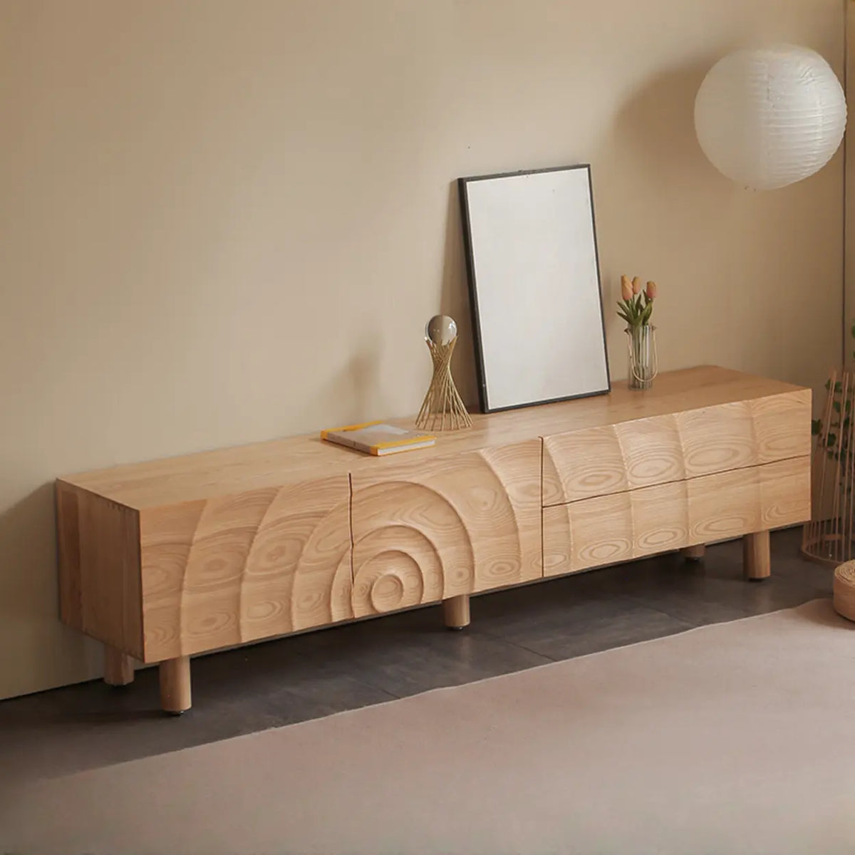Natural Finish Pine Wood TV Stand with Cabinet Drawers