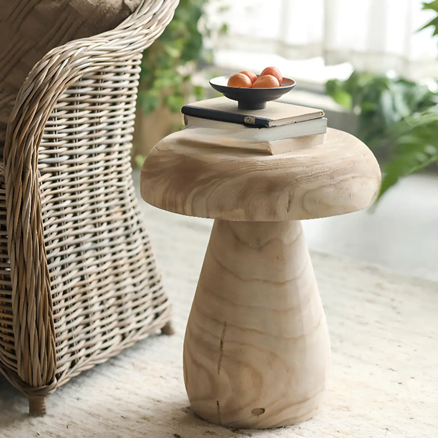 Natural Finish Round Pedestal Wood Mushroom End Table