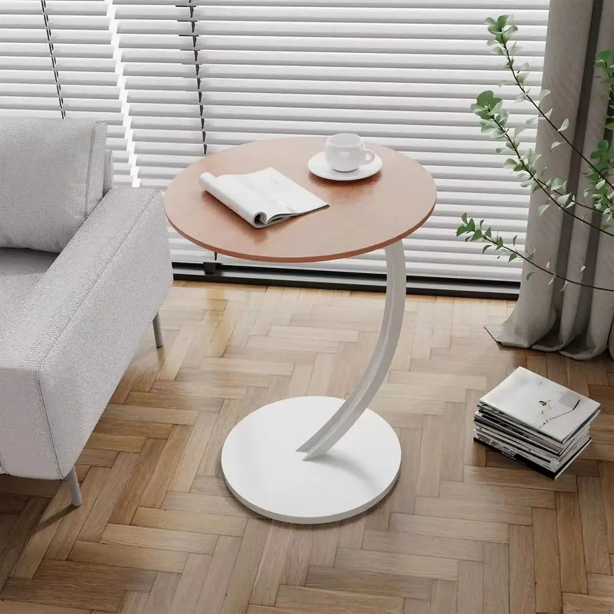 Natural Finish Round Wood Metal Base C-Shaped Side Table