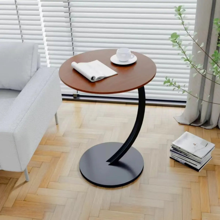 Natural Finish Round Wood Metal Base C-Shaped Side Table