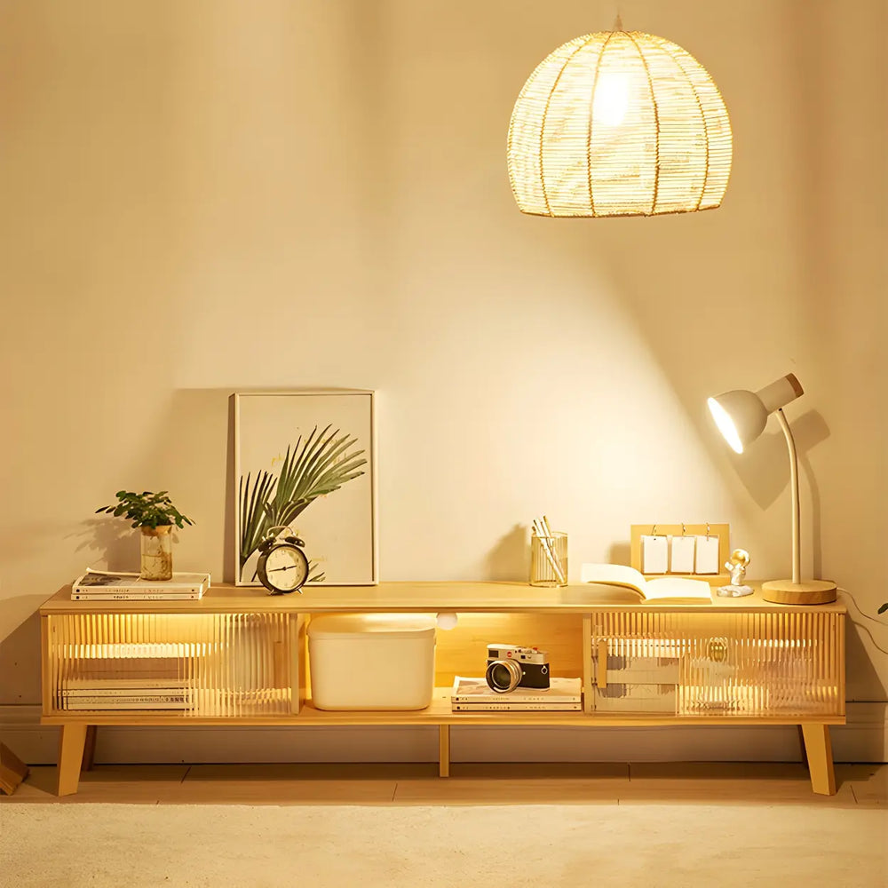 Natural Finish Wood Open Storage Cabinet TV Stand