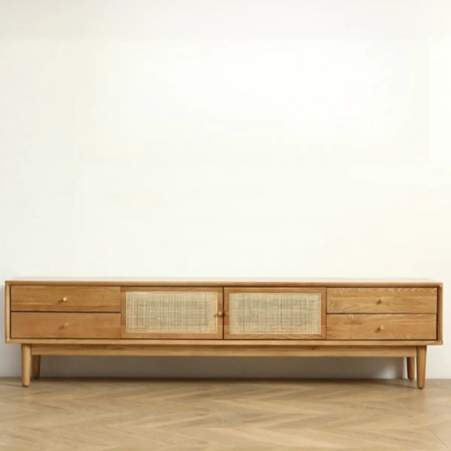 Natural Finish Wooden TV Stand with Cabinet Drawers