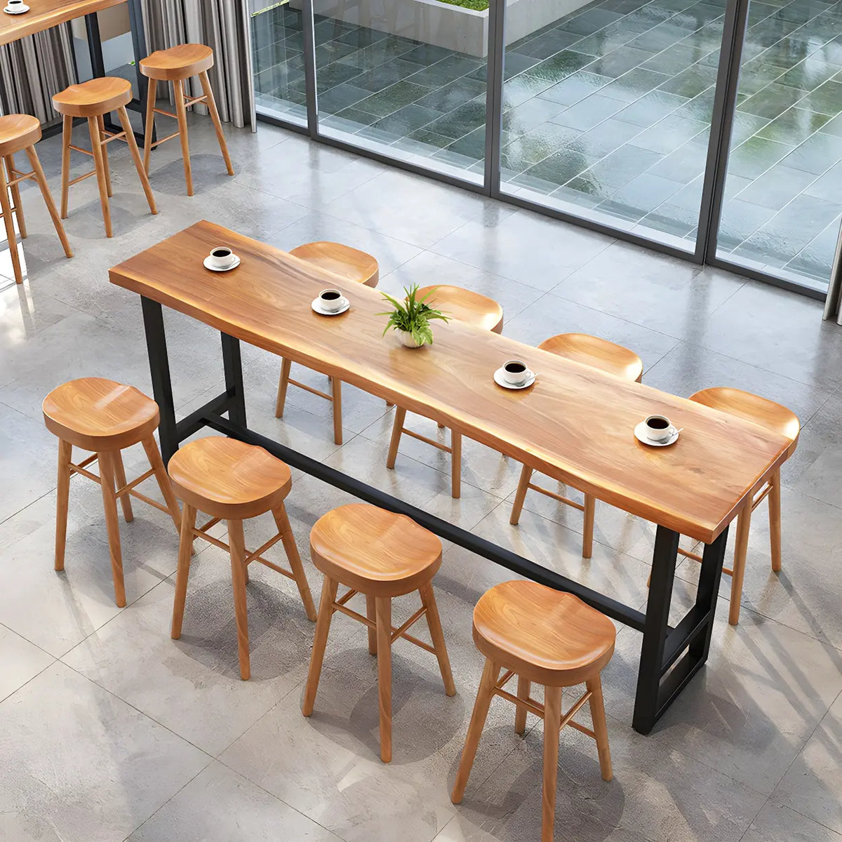 Natural Rectangular Wood Large Dining Bar Table With Footrest