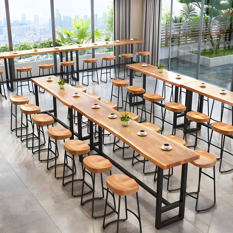 Natural Rectangular Wood Large Dining Bar Table With Footrest