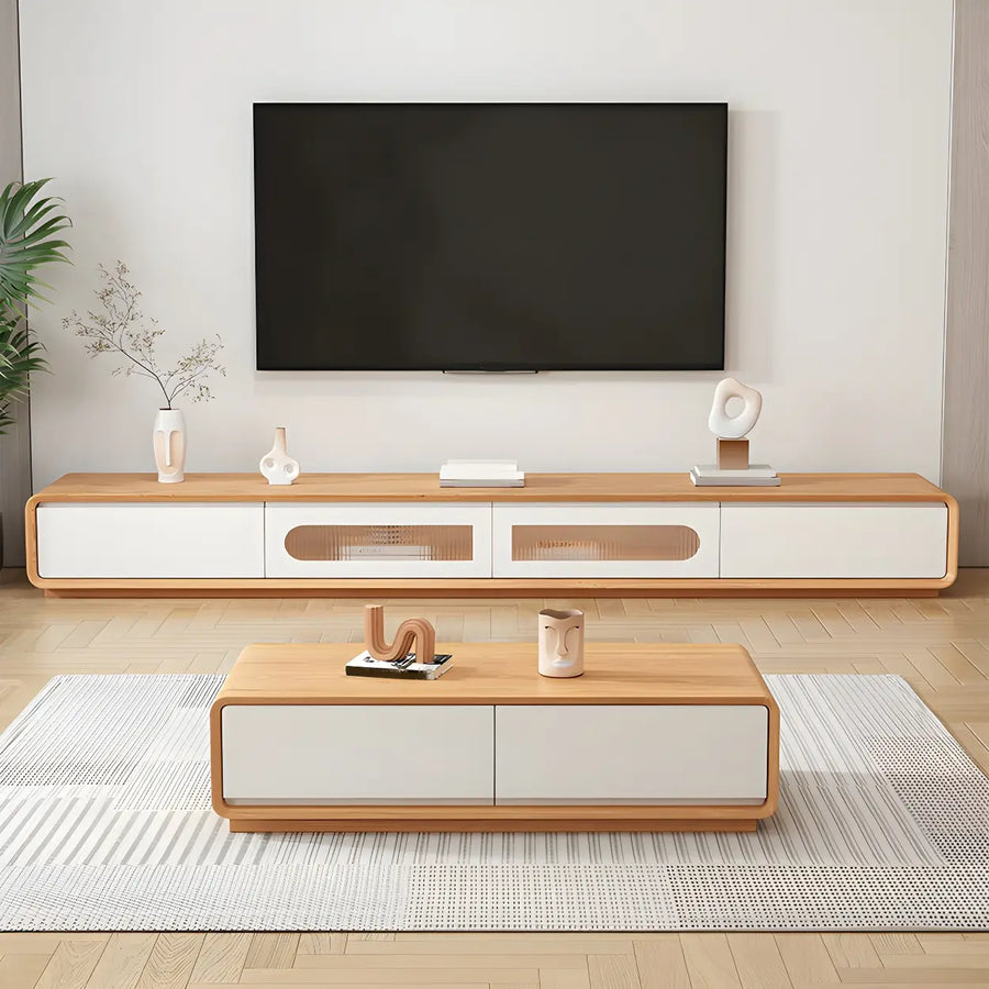 Natural-White Wooden Drawers Cabinet Long TV Stand