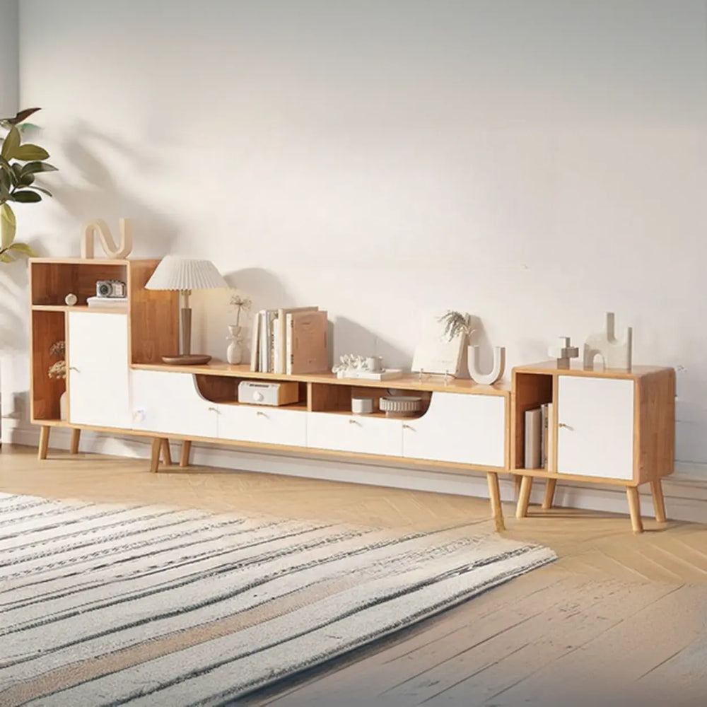 Natural White Wooden Open Storage Drawers TV Stand