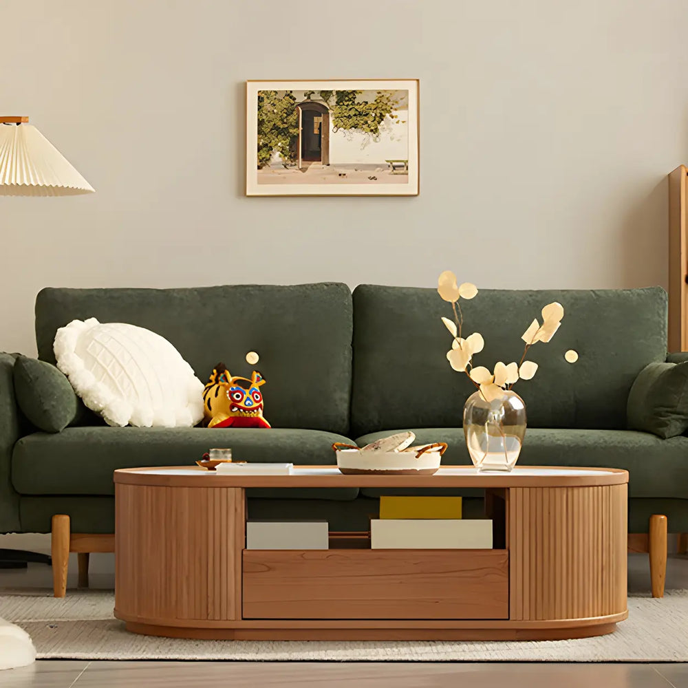 Natural-White Wooden Round Coffee Table with Storage