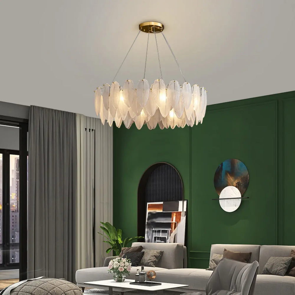 Nordic Feather Glass Living Room White Tiered Chandelier