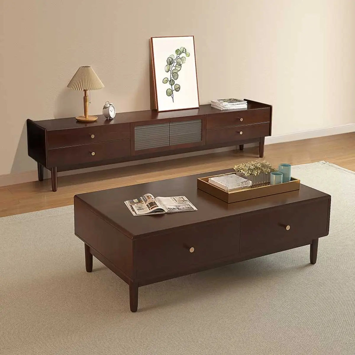 Nut-Brown Oak Medium Wood Tone TV Stand with Storage
