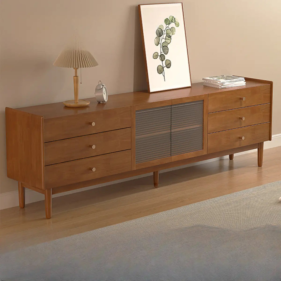 Nut-Brown Oak Medium Wood Tone TV Stand with Storage