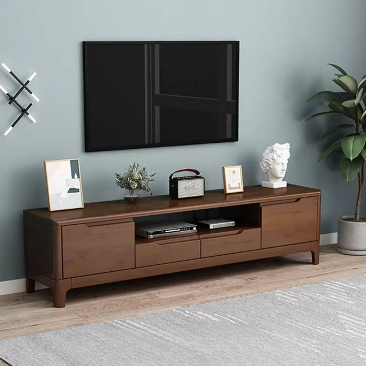 Nut-Brown Rubberwood TV Stand with Shelves Cabinet
