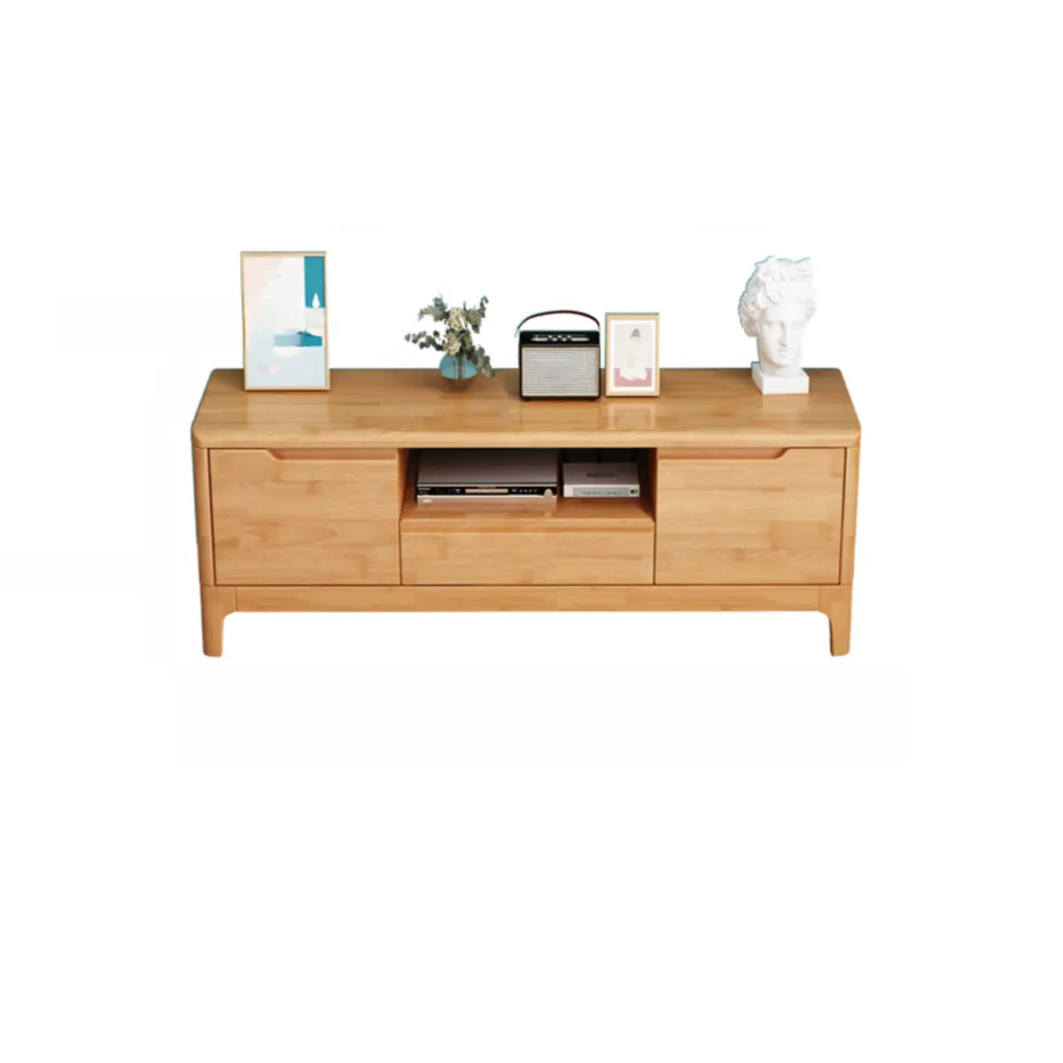 Nut-Brown Rubberwood TV Stand with Shelves Cabinet
