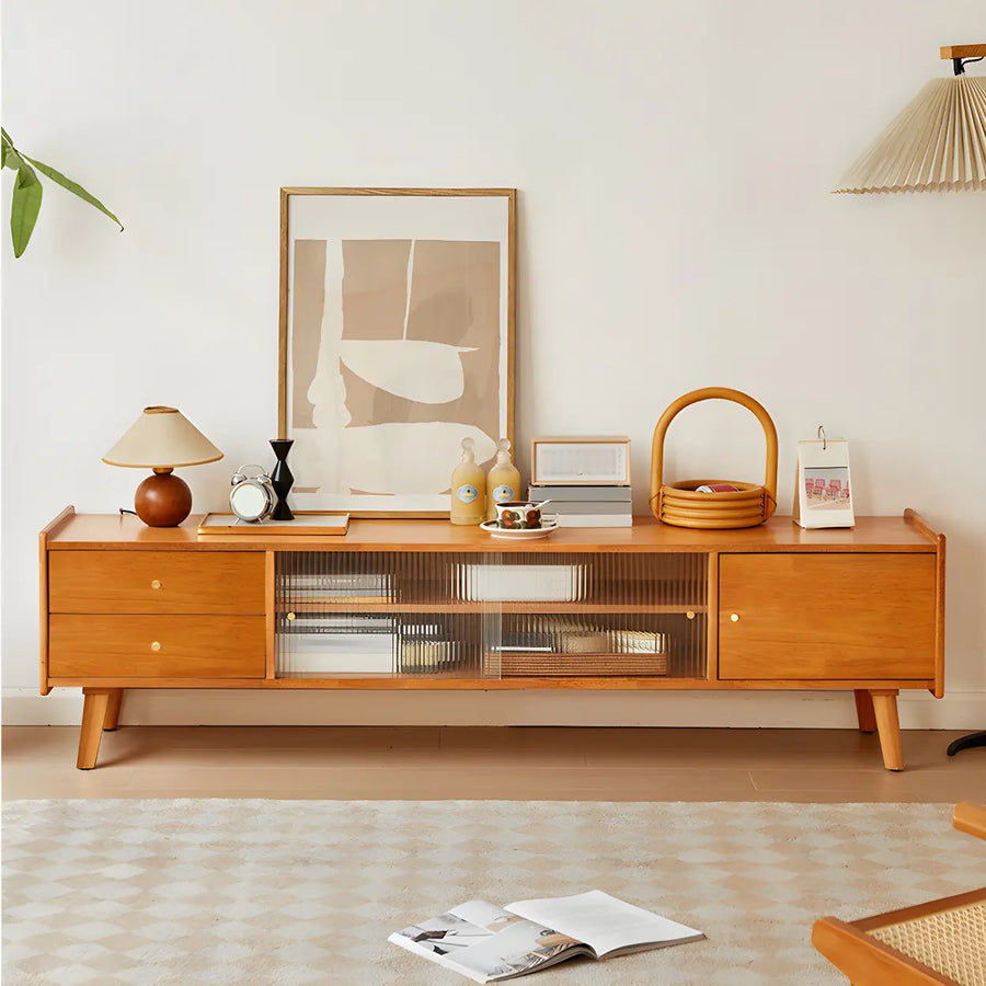 Nut-Brown Wood Drawers Open Storage TV Stand with Legs
