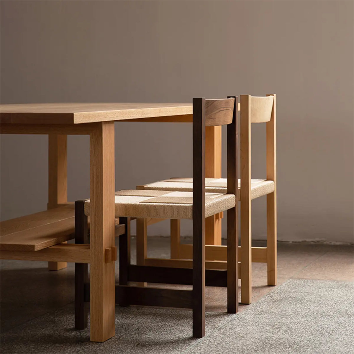 Open Braided Rope Seat Rectangle Wood Dining Chair
