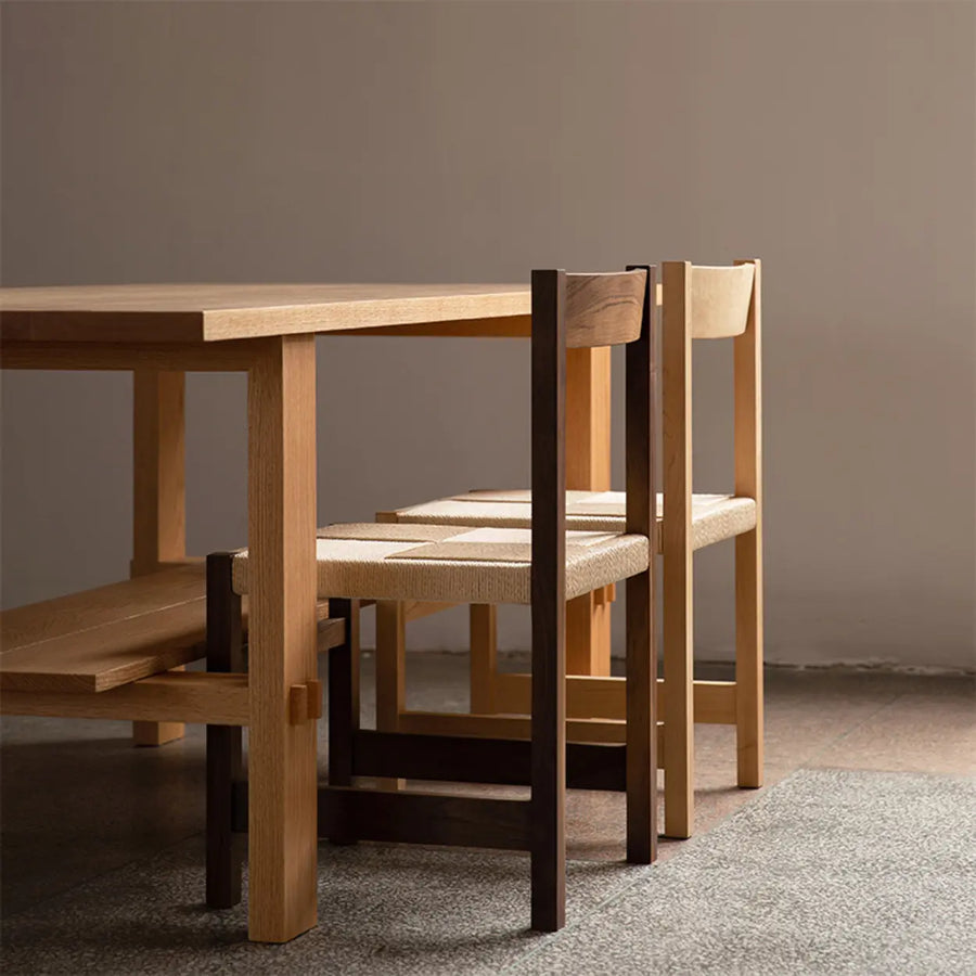 Open Braided Rope Seat Rectangle Wood Dining Chair