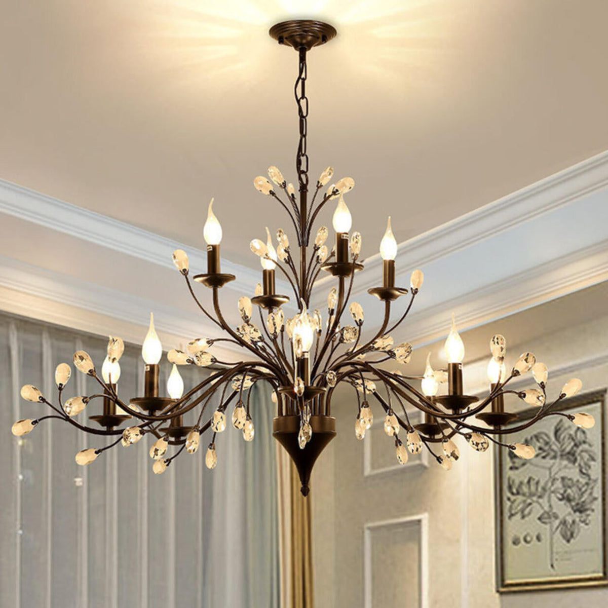 Organic Art Deco Branch Tree Candle Crystal Chandelier