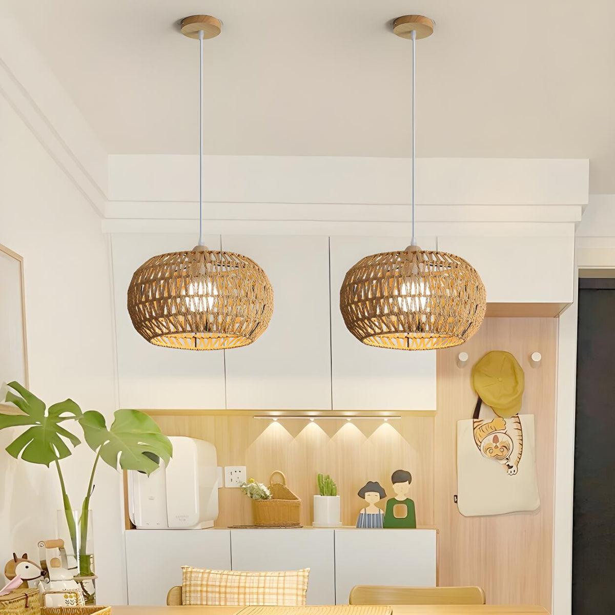 Oriental Natural Brown Rattan Woven Drum Pendant Light