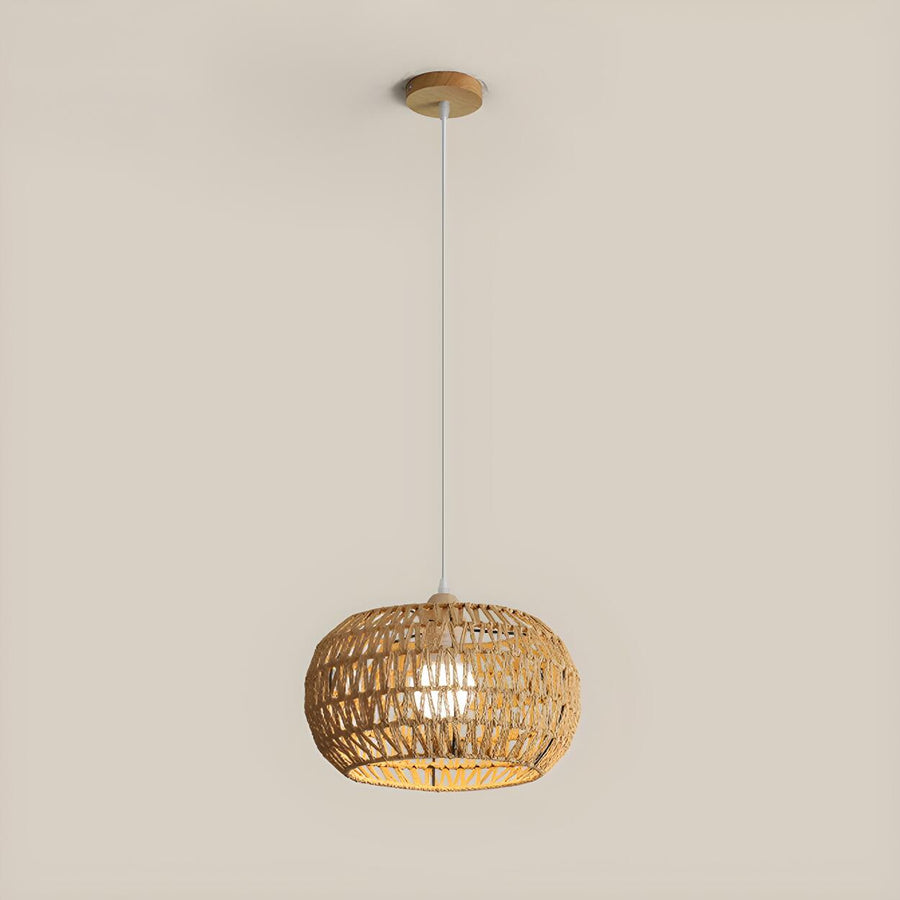 Oriental Natural Brown Rattan Woven Drum Pendant Light