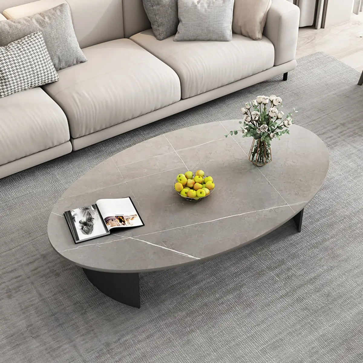 Oval Scratch Resistant Stone Top Iron Base Coffee Table