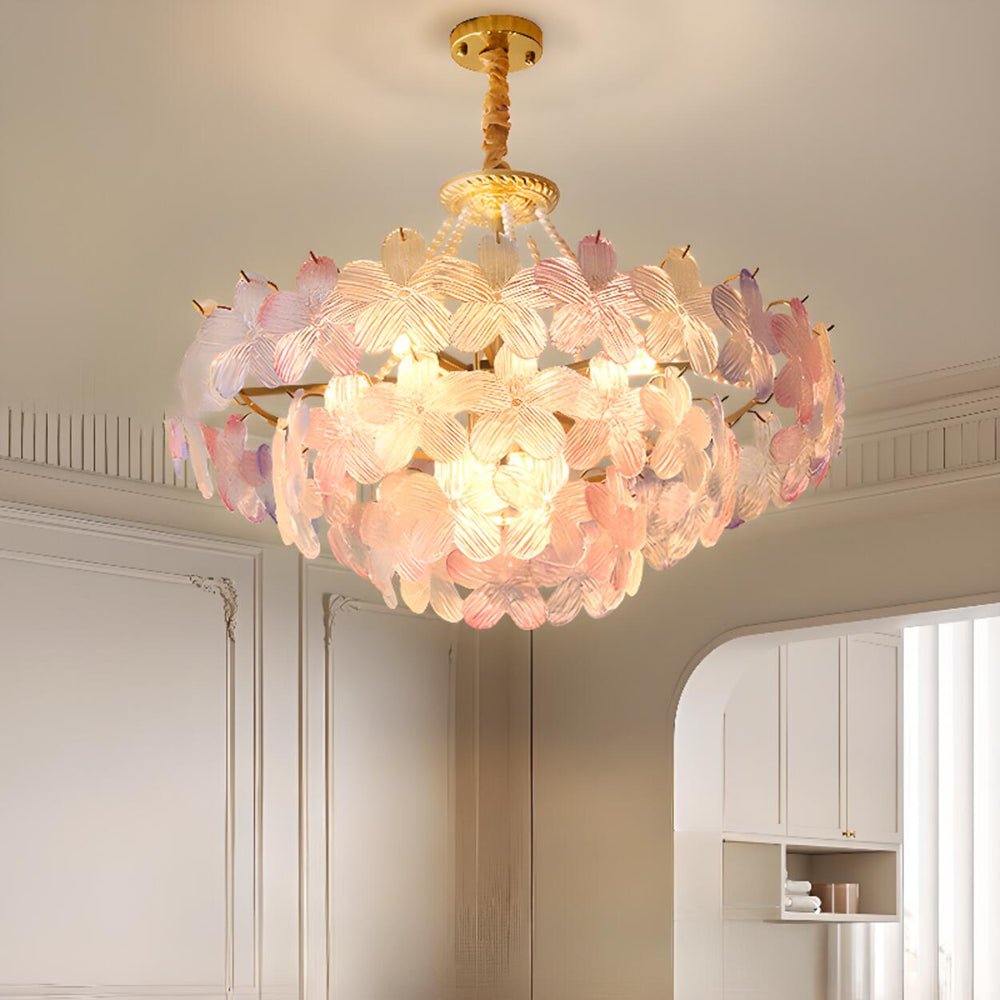 Pink Floral Crystal Chandelier, Adjustable Height