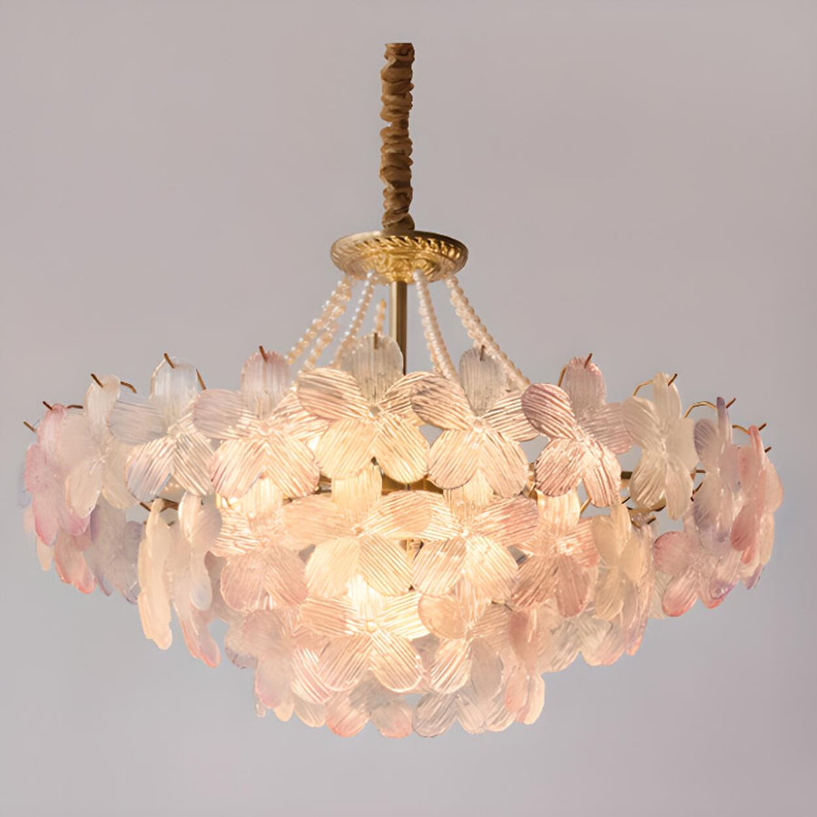 Pink Floral Crystal Chandelier, Adjustable Height
