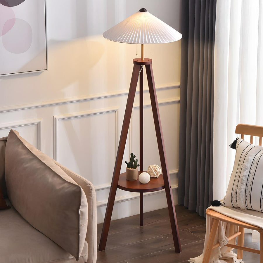 Pleated Cone Wooden Tripod Floor Lamp with Shelf