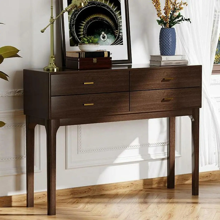 Rectangular Walnut Storage Console Table with Drawers