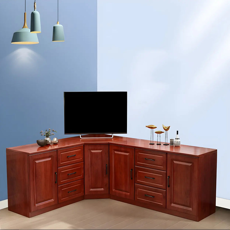 Red Brown Wood Cabinet Drawers Corner Unit TV Stand