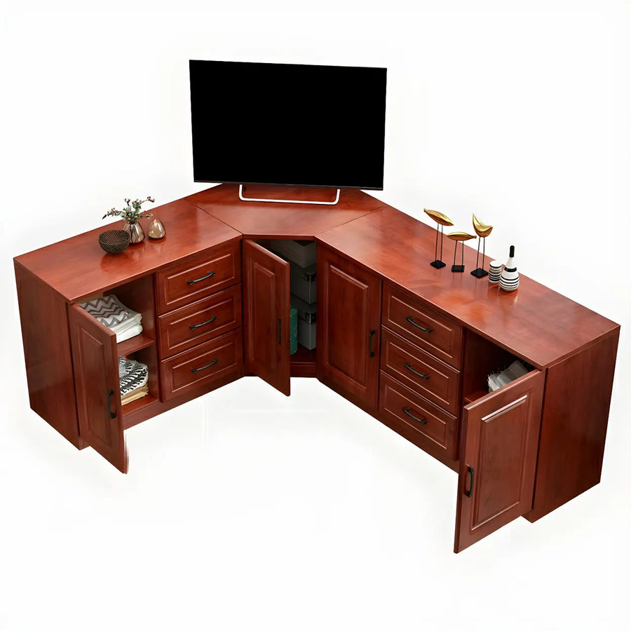 Red Brown Wood Cabinet Drawers Corner Unit TV Stand