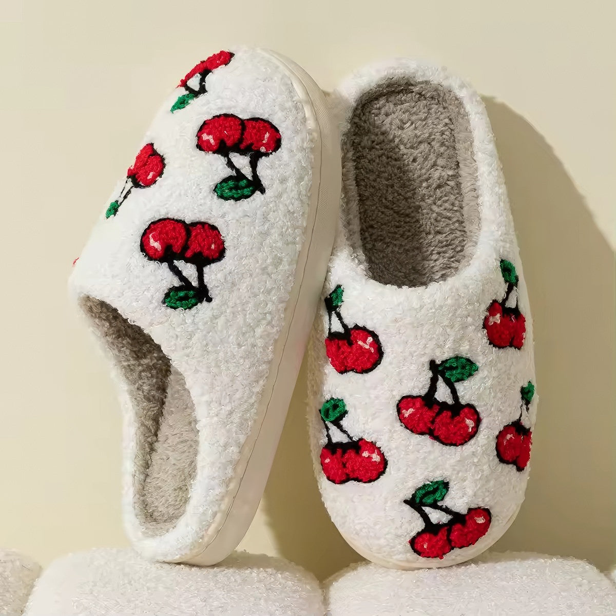 Red Cherries Soft Plush House Slippers
