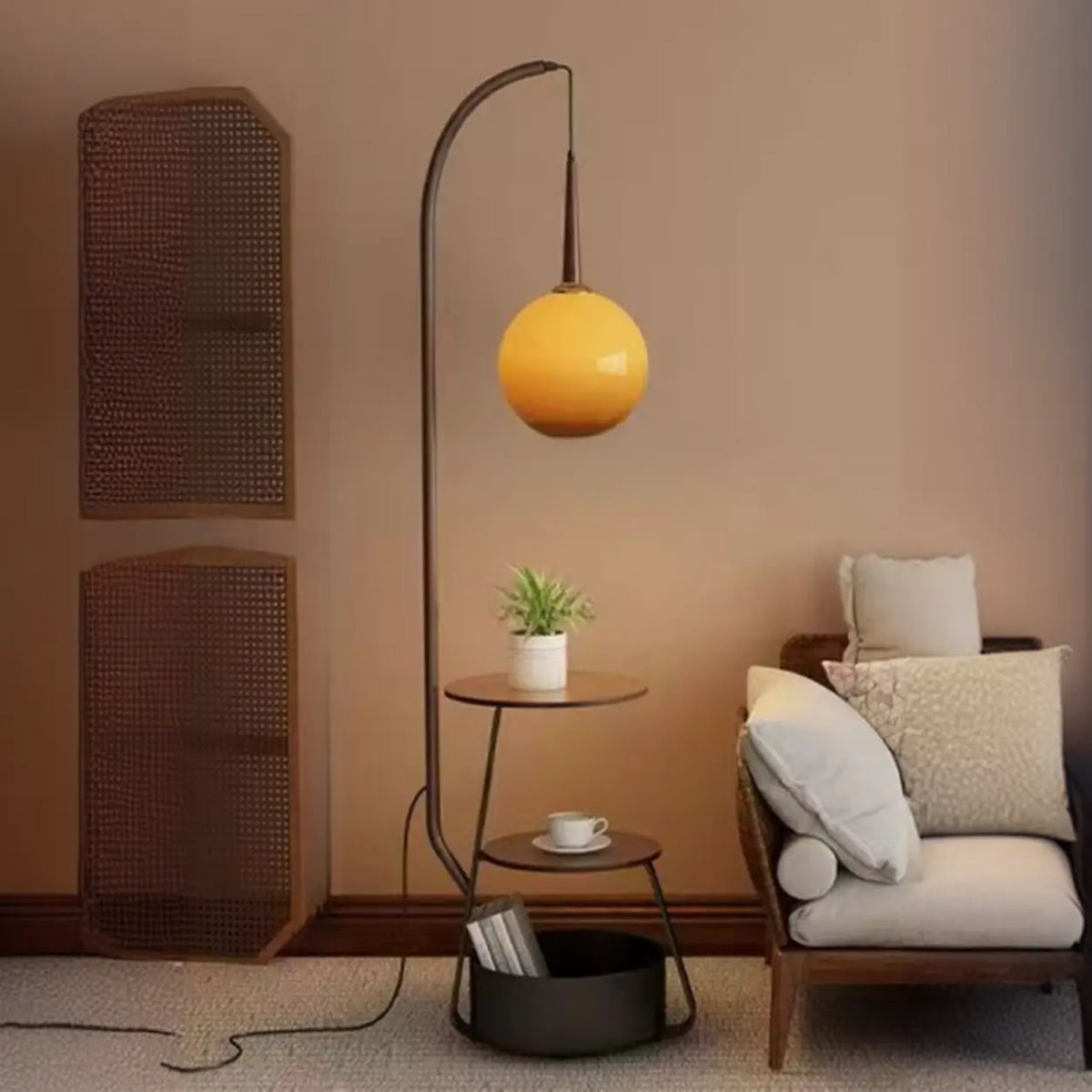 Retro Orange Glass Globe Arc Floor Lamp with Shelf Storage