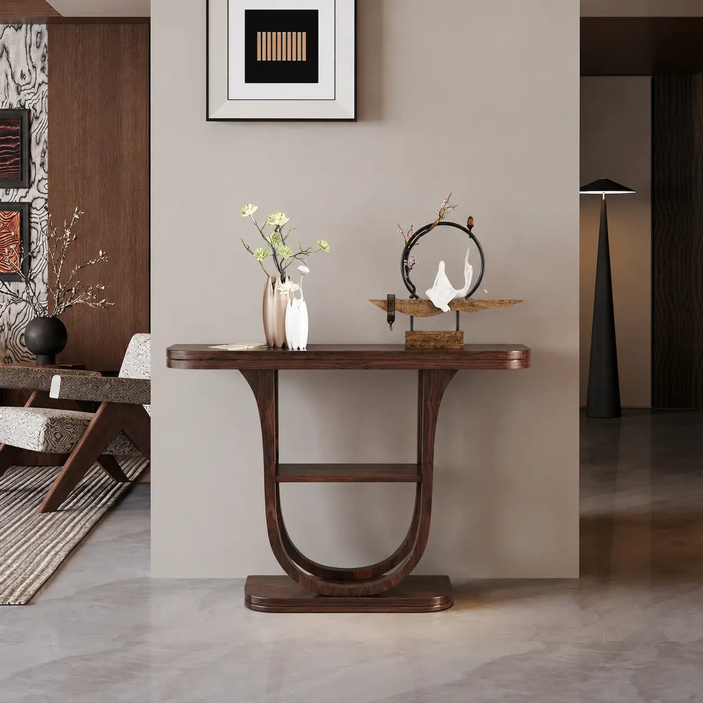 Rich Brown Demilune Wood U-Shaped Console Table with Shelf