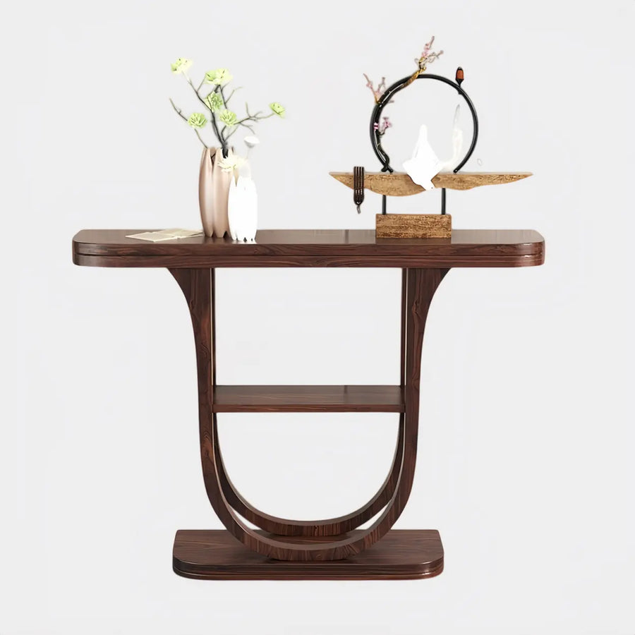 Rich Brown Demilune Wood U-Shaped Console Table with Shelf
