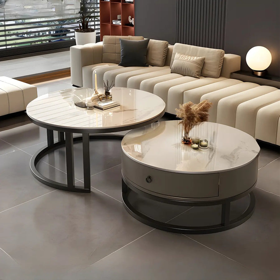 Round Stone Steel Frame Storage Nesting Coffee Tables