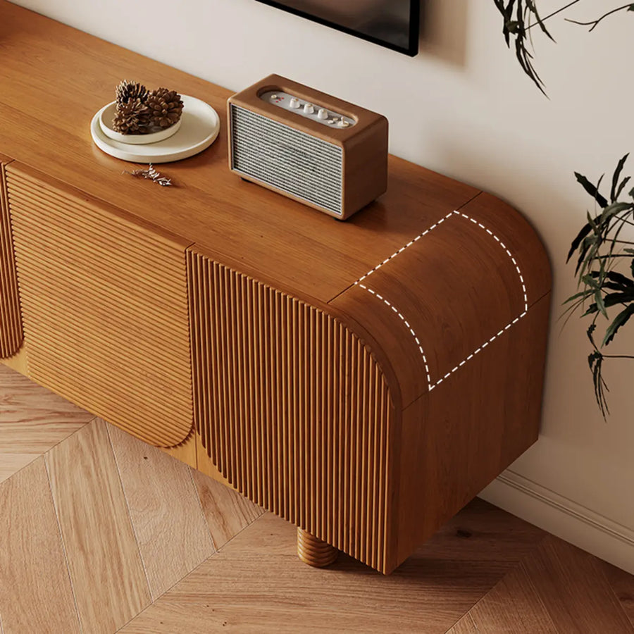 Rustic Brown Wooden Long Curved TV Stand with Cabinet