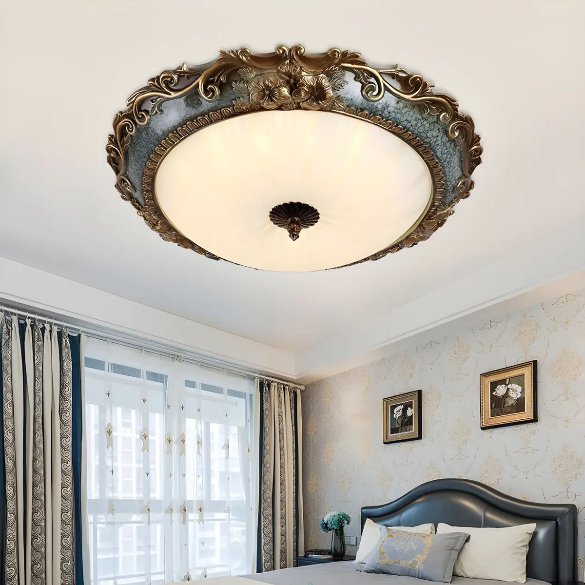 Rustic Carving Resin Bowl-Shaped Brass Flush Mount Lamp