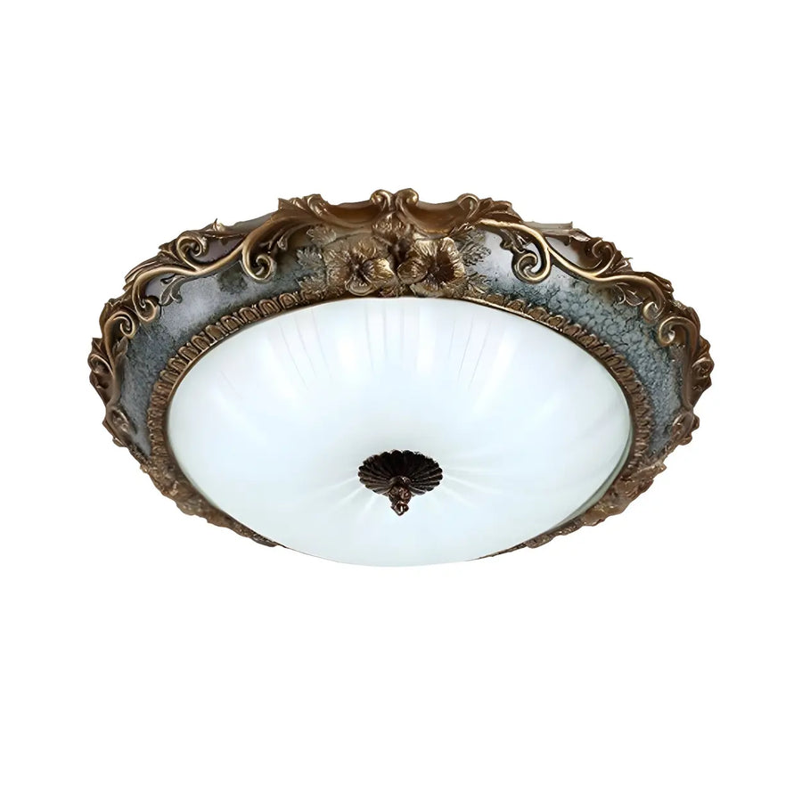 Rustic Carving Resin Bowl-Shaped Brass Flush Mount Lamp