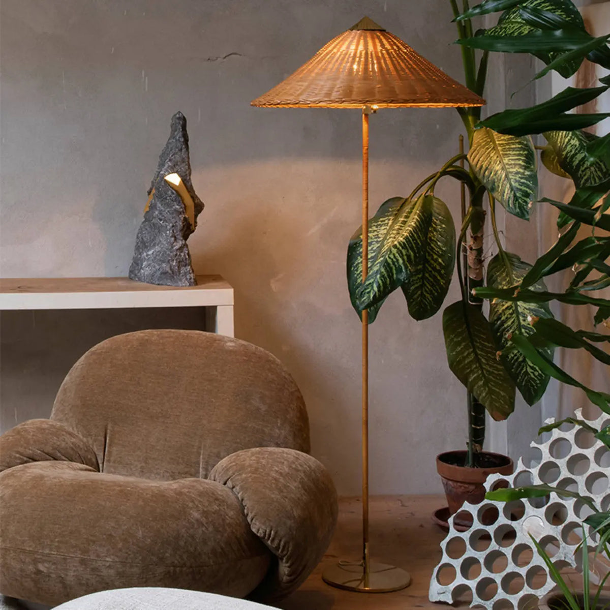 Rustic Cone Rattan Fabric Gold Base Rocker Switch Floor Lamp