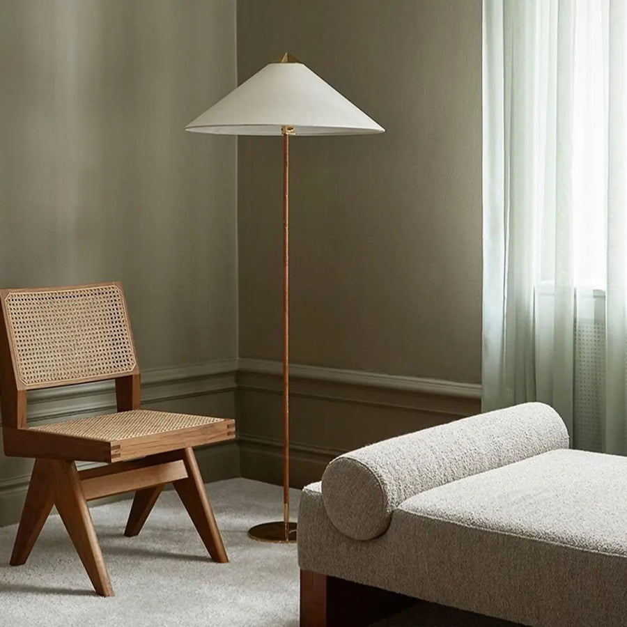 Rustic Cone Rattan Fabric Gold Base Rocker Switch Floor Lamp
