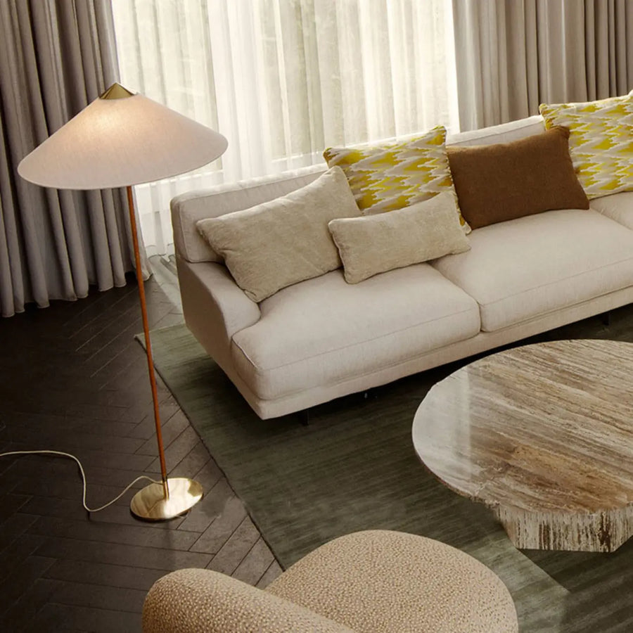 Rustic Cone Rattan Fabric Gold Base Rocker Switch Floor Lamp