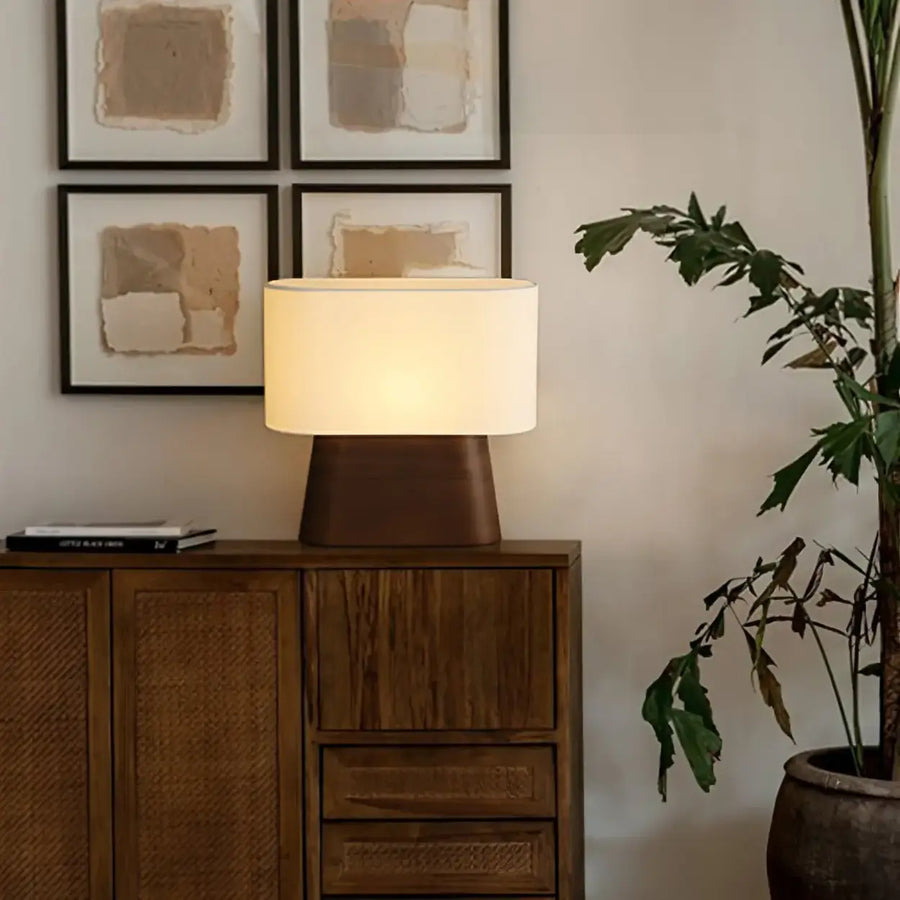 Rustic Fabric Oval Shade Wood Base Table Lamp