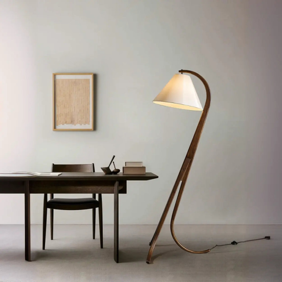 Rustic Foot Switch Fabric Cone Wood Curved Tripod Floor Lamp